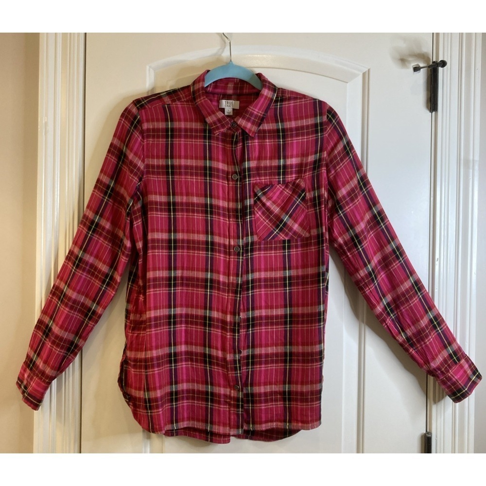 True Craft Women's Button Down Hot Pink Flannel Shirt Large Long Sleeve